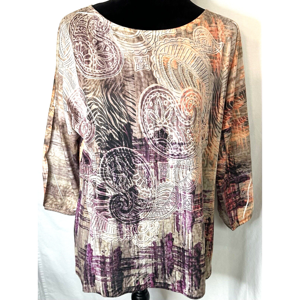 Chico's Sz 2 (Sz 12) Beaded Abstract Paisley Animal Print Pullover Top USA